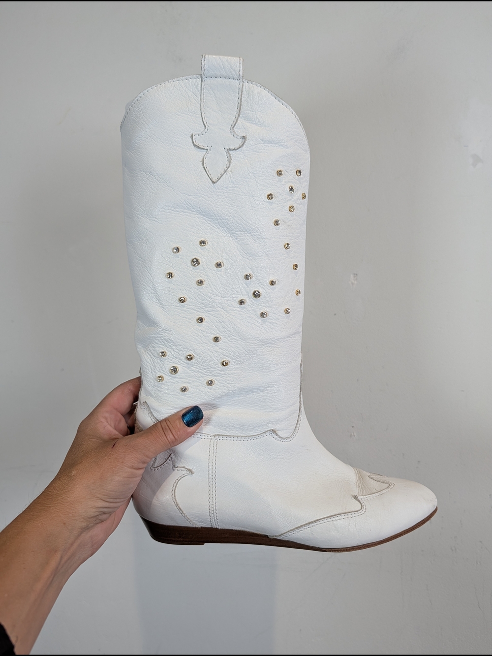 JD White Studded Mid-Calf Western Boot, Size 9